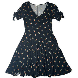 Banana Lemon Cactus Print Black Fit & Flare Dress